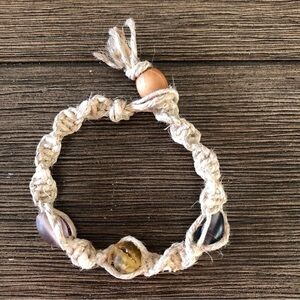 Handmade hemp and purple, yellow glass beads bracelet